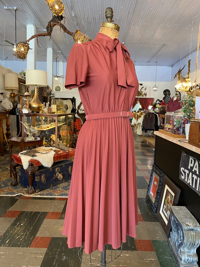 1970s dress, rust polyester, vintage dress, ascot tie neck, pleated full skirt, lady carol. size small, secretary image 5