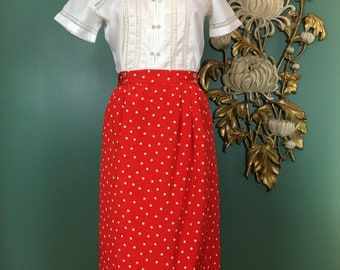 1980s wrap skirt, vintage 80s skirt, red and white, polka dot skirt, size medium, high waist skirt, 28 waist, liz claiborne, straight skirt