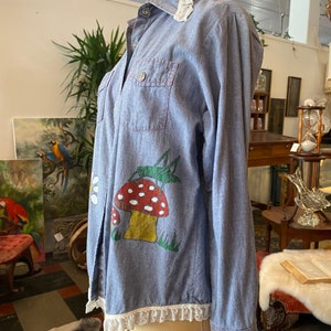 1960s hand painted shirt, chambray blouse, vintage 60s button up, mushroom and insects, bug novelty print, medium image 8