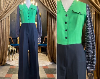 1970s jumpsuit, green and black, vintage 70s jumpsuit, long sleeve, polka dot, polyester, medium, tall, mod pants, one piece, 29, retro