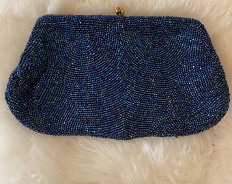 1950s beaded clutch bag, iridescent navy blue glass beads, walborg, evening bag, formal purse,