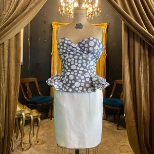 1980s cocktail dress, gray and cream, peplum dress, vintage 80s dress, strapless mini dress, ruffled hips, polka dot, x small, 24 waist image 1