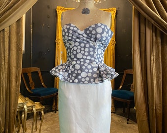 1980s cocktail dress, gray and cream, peplum dress, vintage 80s dress, strapless mini dress, ruffled hips, polka dot, x small, 24 waist