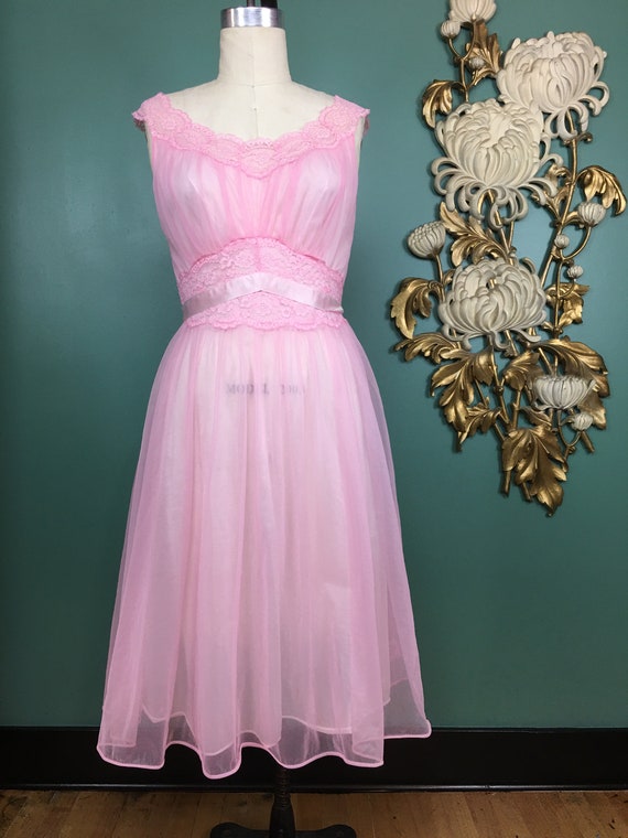 1960s nightgown, pink nylon nightgown, vanity fair