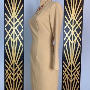 1960s wiggle dress, tan polyester, slim fit, vintage 60s dress, hourglass dress, long sleeve, size medium, simple, classic, high neck, 28 image 7