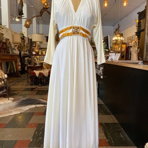 1970s maxi dress, vintage evening gown, white and gold, jeweled belt, rhinestone dress, x-small, mod hostess image 1