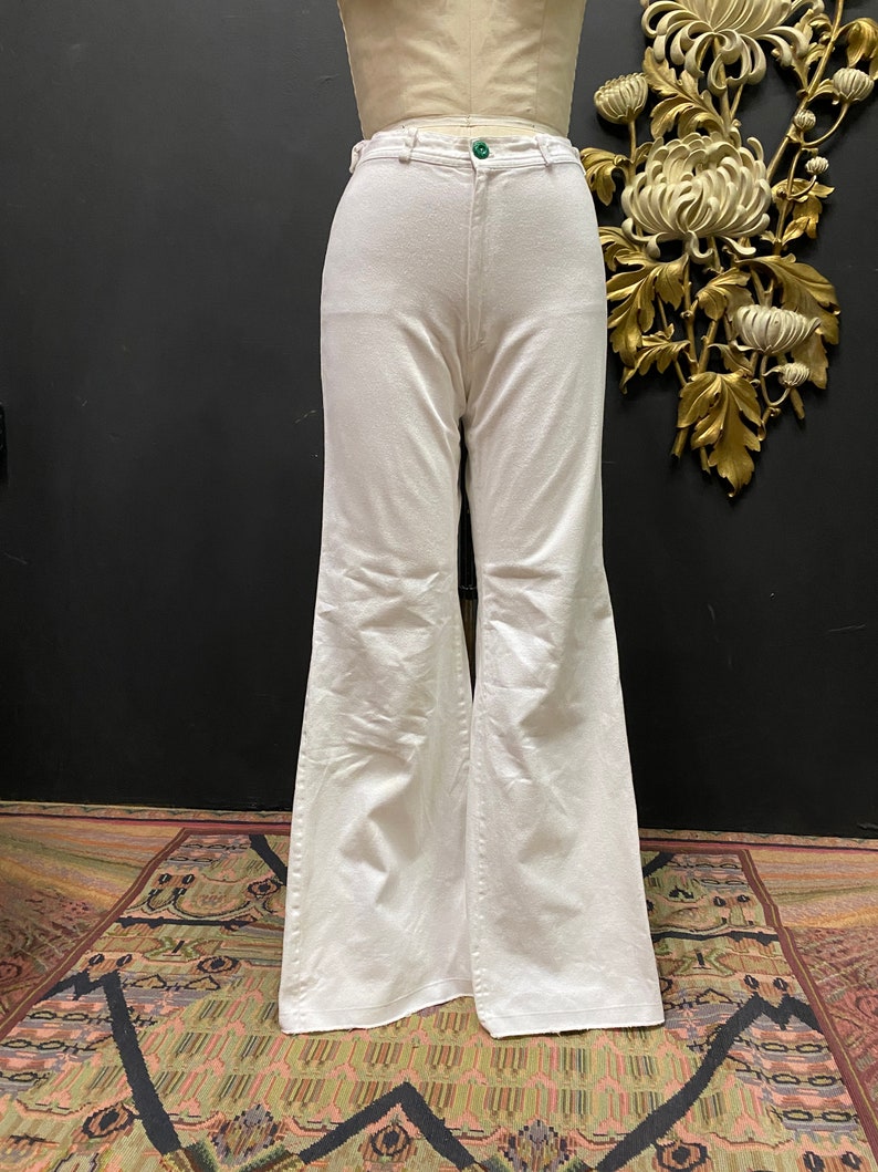 1970s wide leg jeans, white denim, vintage bellbottoms, happy legs, 27 28 waist, 70s flare leg jeans, high waist, mod, hippie, cotton pants image 2