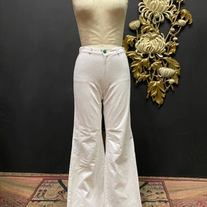 1970s wide leg jeans, white denim, vintage bellbottoms, happy legs, 27 28 waist, 70s flare leg jeans, high waist, mod, hippie, cotton pants image 3