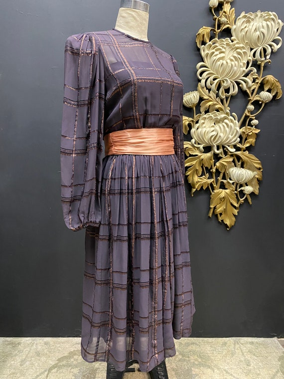 1980s sheer dress, metallic plum, puff shoulders,… - image 5