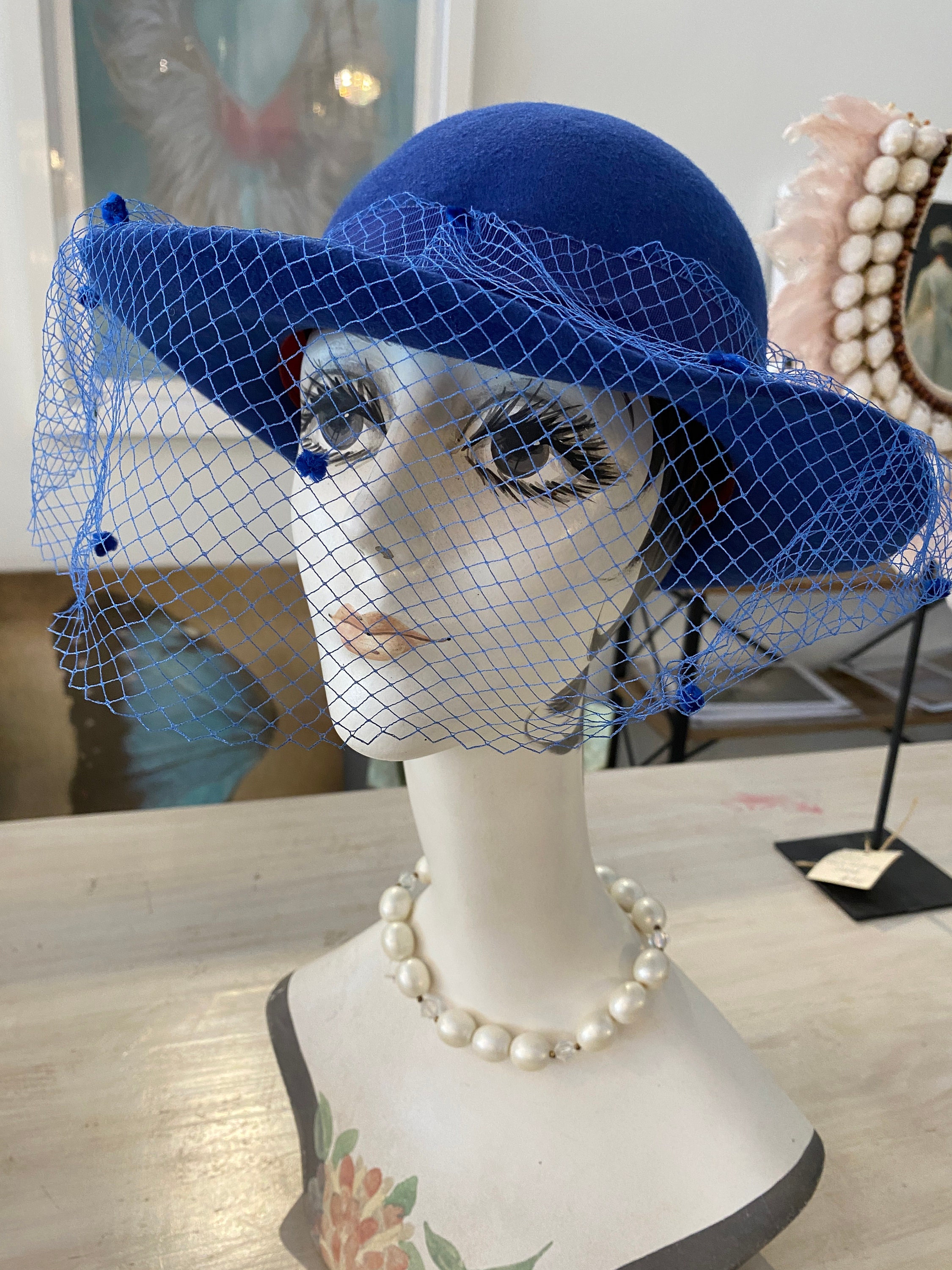 Vintage 1980s Cobalt Blue Wide Brim Hat With Veil and 