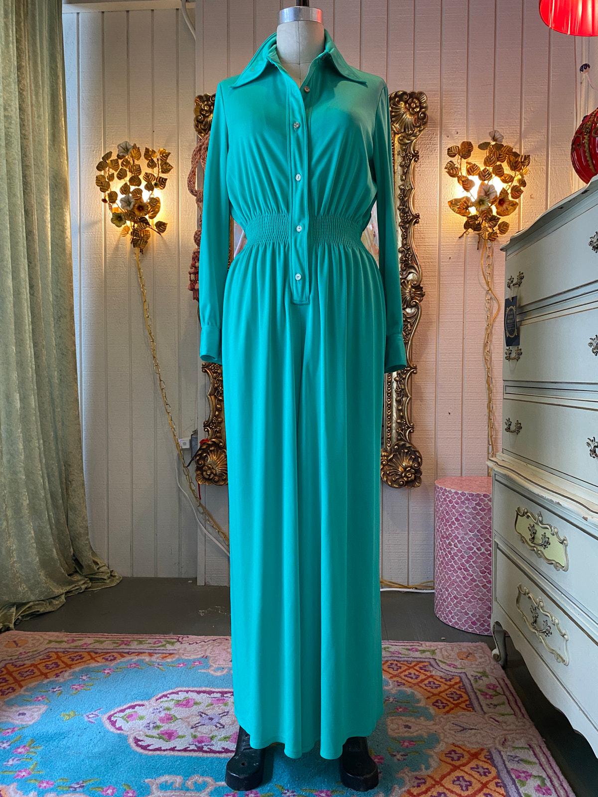 1970s Lillie Rubin jumpsuit wide leg green polyester smocked med Kappi mod disco