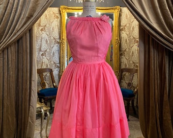 1950s party dress, hot pink chiffon, fit and flare, vintage prom dress, mrs maisel, x small, full skirt, rockabilly, 25 26 waist, 50s formal