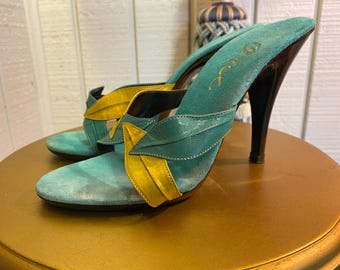 ヴィンテージ 1970年代 ハイヒール スライドサンダル アクアイエロー レザー リーフ 70年代ファッション スティレット 6