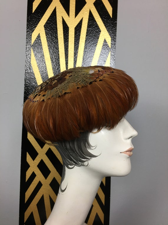1950s hat, feather hat, mid century, pheasant hat,