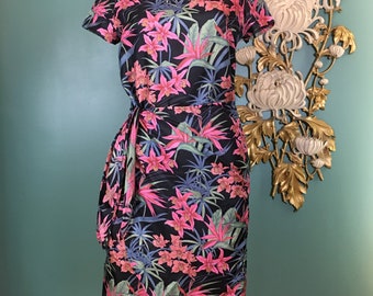 1950s style dress, vintage 80s dress, sarong style dress, tropical print, medium, 1980s summer dress, 80s does 50s, tie waist, wrap style