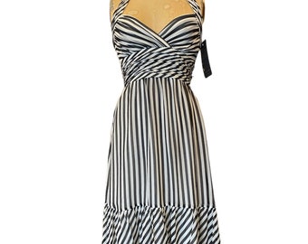 1990s sundress, vintage halter dress, black and white striped, ruched chiffon, bcbg, 90s fashion, y2k, early 2000s dress, size 2, x-small