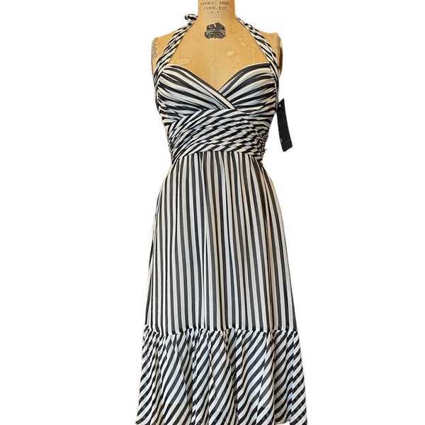 1990s sundress, vintage halter dress, black and white striped, ruched chiffon, bcbg, 90s fashion, y2k, early 2000s dress, size 2, x-small