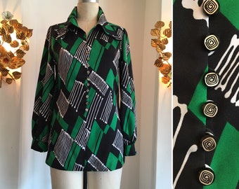 1970s mod blouse, vintage micro mini, graphic print blouse, 70s tunic top, biba style, size medium? Green and black, exaggerated collar