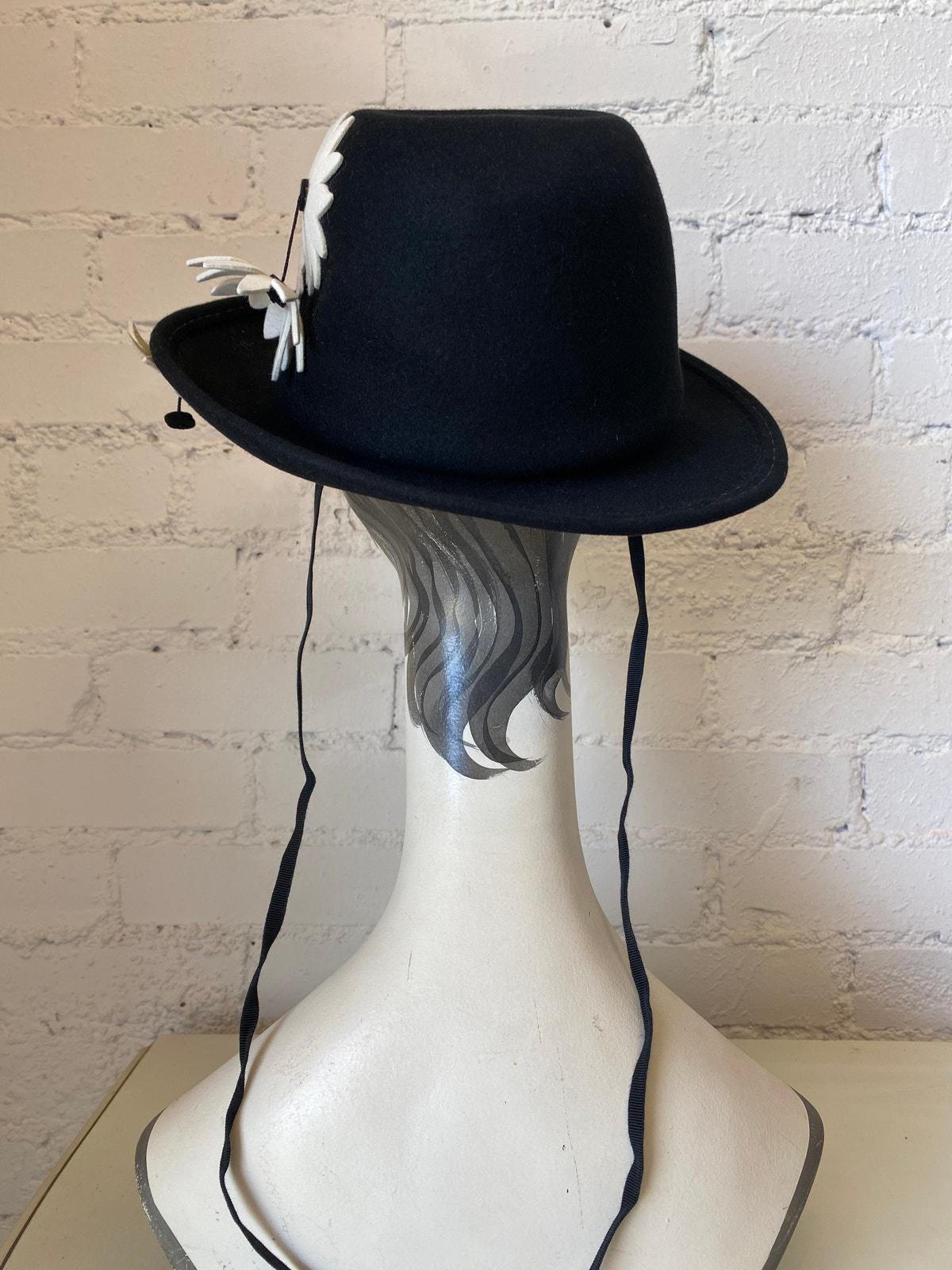 vintage 1960s Adolfo black wool wide brim hat with daisies 60s designer mod Vintage 1960s Adolfo Black Wool Wide Brim Hat With Daisies  main image 4
