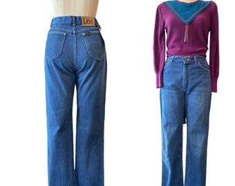 1980s Lee jean, pinstriped, high waist, straight leg, vintage denim, 28 waist, 30 inseam, striped jeans