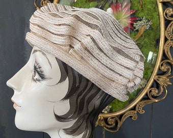 1950s beret, ivory straw, striped netting, vintage hat, Hattie Carnegie, summer hat, asian style, raffia, avant garde style