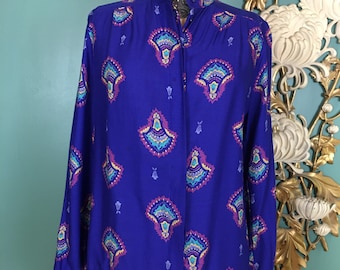 1980s shirt, purple rayon blouse, fan print, Wyndham, vintage shirt, button up, size medium, secretary style, jewel tone, 34 bust, novelty