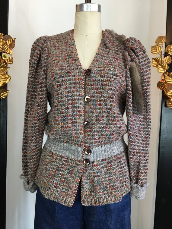 Vintage 1980s sweater, blouson sweater, fur trim s