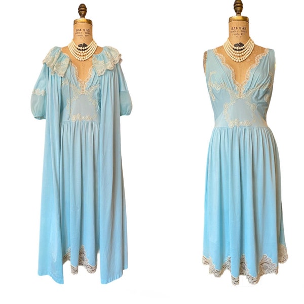 1950s peignoir set, baby blue nylon, vintage lingerie, medium, kayser, wedding honeymoon, pin up style, boudoir