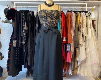 1960s cocktail dress, vintage maxi dress, mrs maisel style, beaded gown, spaghetti strap, full length, black silk dress, 25 26 waist, 1950s