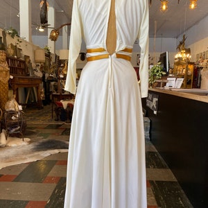 1970s maxi dress, vintage evening gown, white and gold, jeweled belt, rhinestone dress, x-small, mod hostess image 9