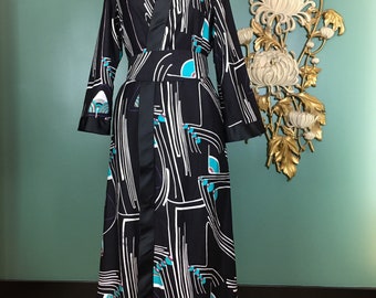 Vintage maxi dress, kimono style, mod geometric print, dressing gown, small medium, black and turquoise, obi belt, avant-garde, robe, wrap