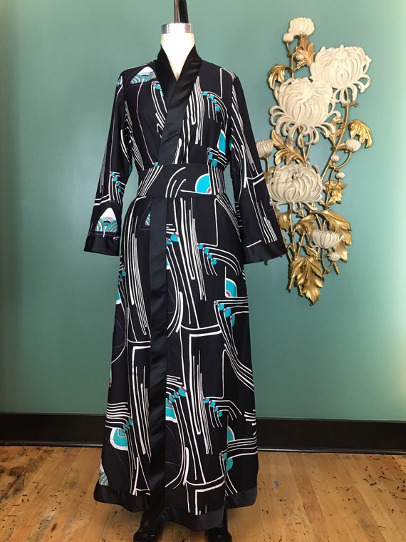 Vintage maxi dress, kimono style, mod geometric p… - image 1