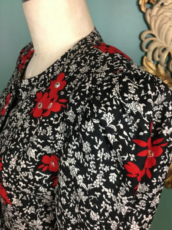 1980s linen blouse, black floral blouse, rhinesto… - image 8