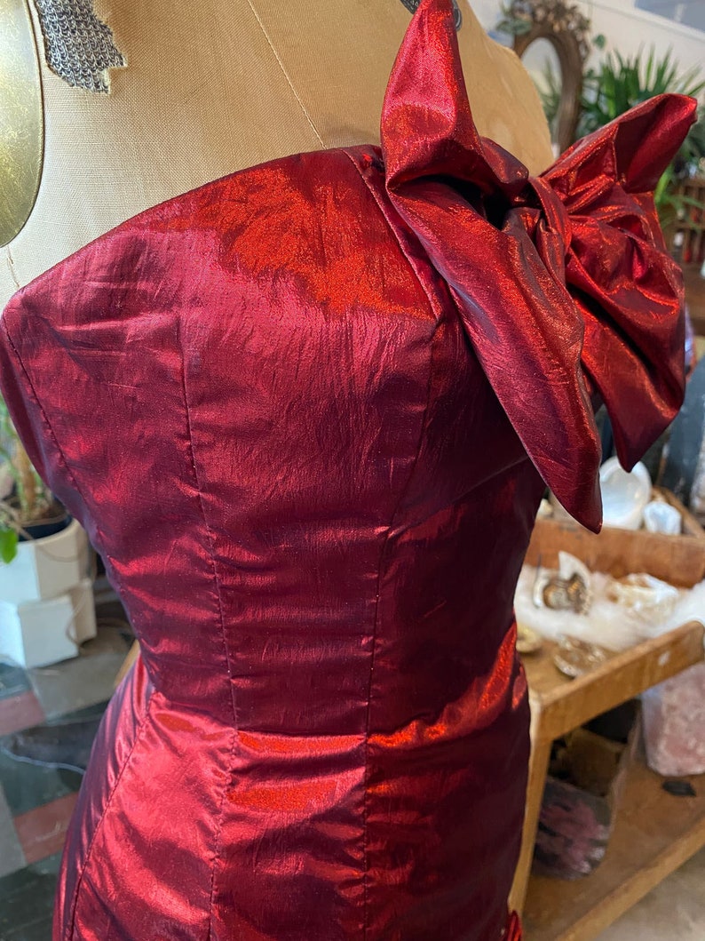 1980s prom dress, red metallic lame', vintage 80s dress, ruched bows, mike benet, strapless cocktail dress, x-small image 5
