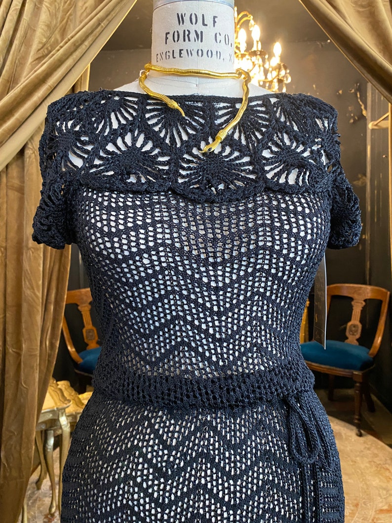 RESERVED Oscar de la renta knits, black crochet, 1970s designer, 70s does 20s, sheer knit, spider web, flapper style, see through image 2