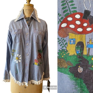 1960s hand painted shirt, chambray blouse, vintage 60s button up, mushroom and insects, bug novelty print, medium image 1