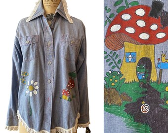 1960s hand painted shirt, chambray blouse, vintage 60s button up, mushroom and insects, bug novelty print, medium