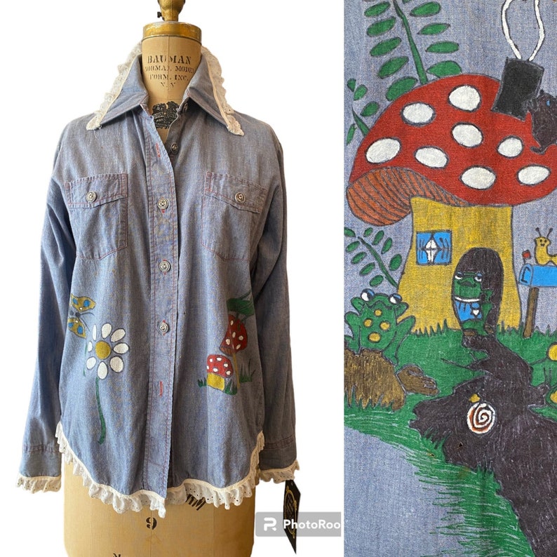 1960s hand painted shirt, chambray blouse, vintage 60s button up, mushroom and insects, bug novelty print, medium image 1