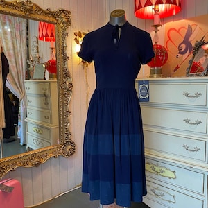Vintage 1940s navy blue rayon striped fit and flare dress small tie neck 1950s