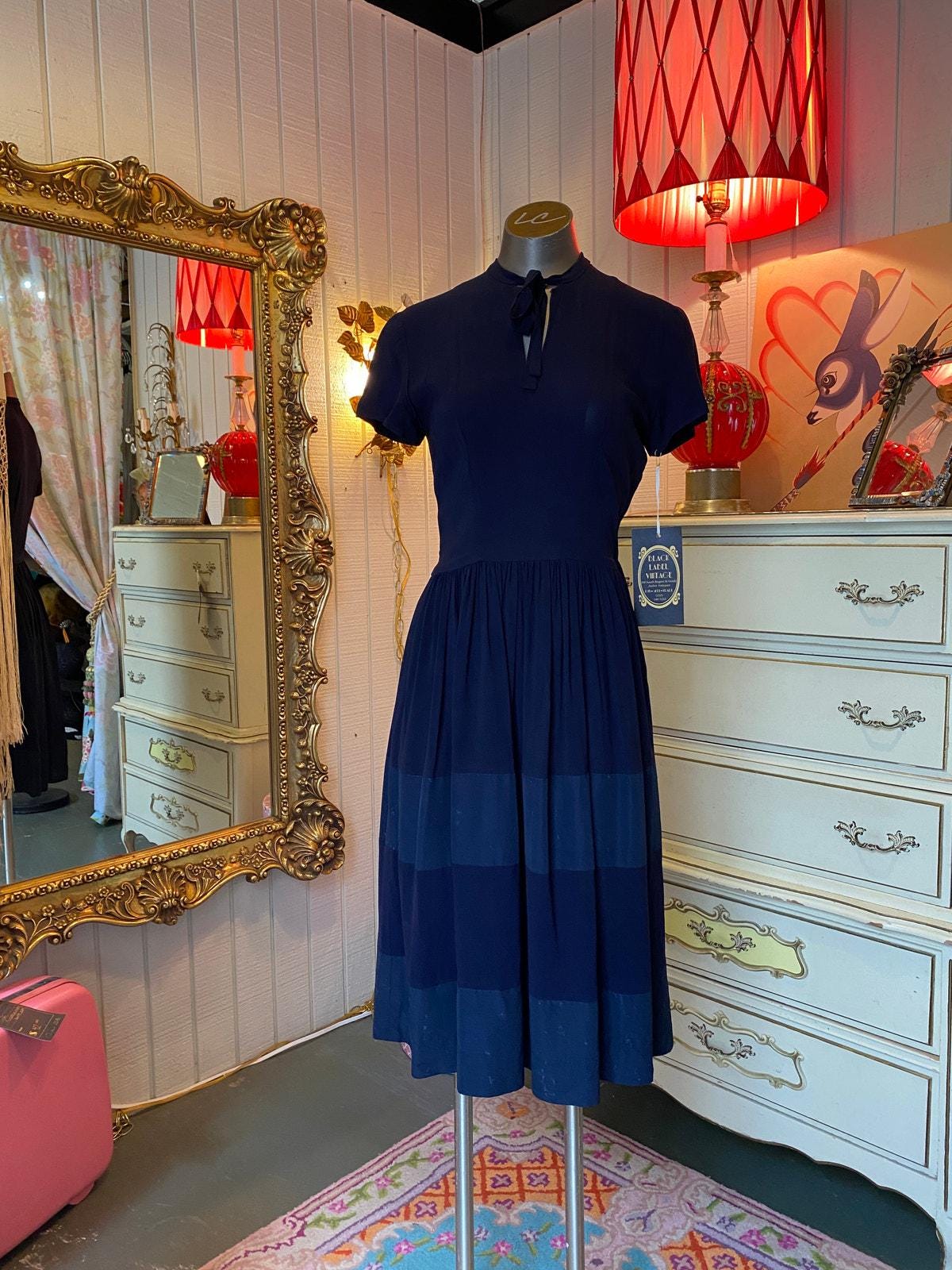 Vintage 1940s navy blue rayon striped fit and flare dress small tie neck 1950s