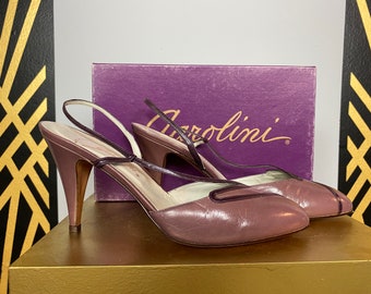 1980s shoes, purple leather, vintage high heels, Garolini, italian designer, 80s pumps, size 9, sling back, d'orsay, classic, unique design