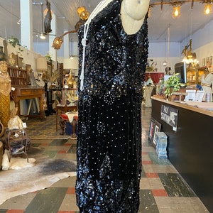 1920s sequin dress, black velvet, vintage flapper dress, size large, peaky blinders, sleeveless shift, 38 image 7