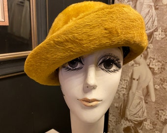 1960s hat, mustard yellow,  fuzzy mohair, cloche style, vintage 60s hat, mod style, mr John, retro style, rolled brim, bowler style, 22 inch