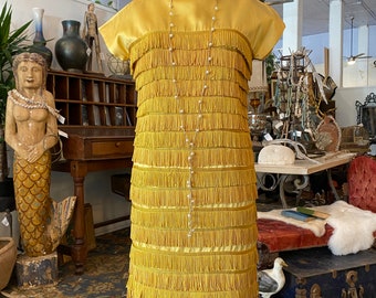 1960s fringe dress, gold satin, flapper style, vintage 60s dress, tassels, laugh in, size small, 1920s style, striped, 26 waist, costume