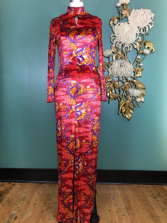 1970s velour dress, vintage maxi dress, novelty pr