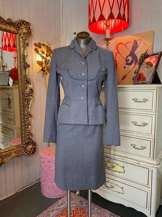 Vintage 1940s Gray Wool Fitted Suit 40s Piece Pencil Skirt