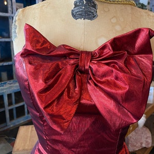 1980s prom dress, red metallic lame', vintage 80s dress, ruched bows, mike benet, strapless cocktail dress, x-small image 2