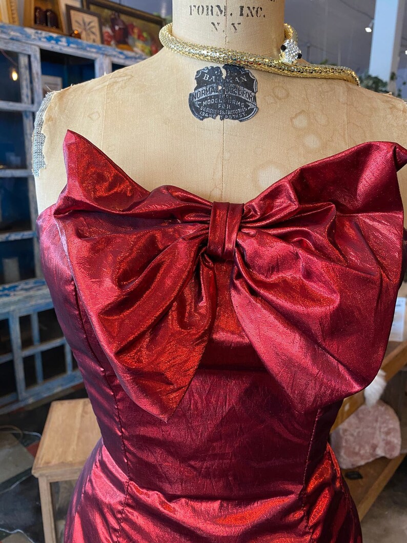 1980s prom dress, red metallic lame', vintage 80s dress, ruched bows, mike benet, strapless cocktail dress, x-small image 2