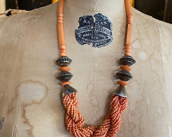 vintage 1980s beaded necklace orange bone beads ethnic style jewelry boho style