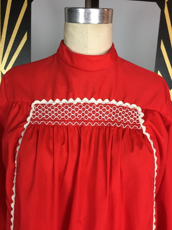 1960s tunic top, red cotton, vintage blouse, ric … - image 2